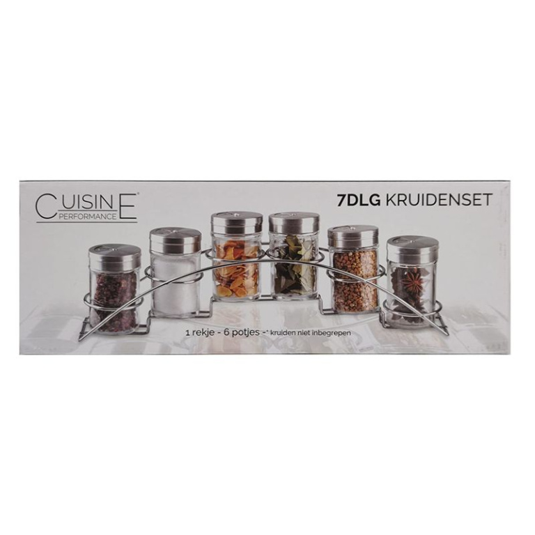 Cuisine Performance Kruidenset – 7-Delig Kruidenrek met 6 Glazen Potjes & RVS Draaideksel | Luxe & Praktisch Keukenaccessoire