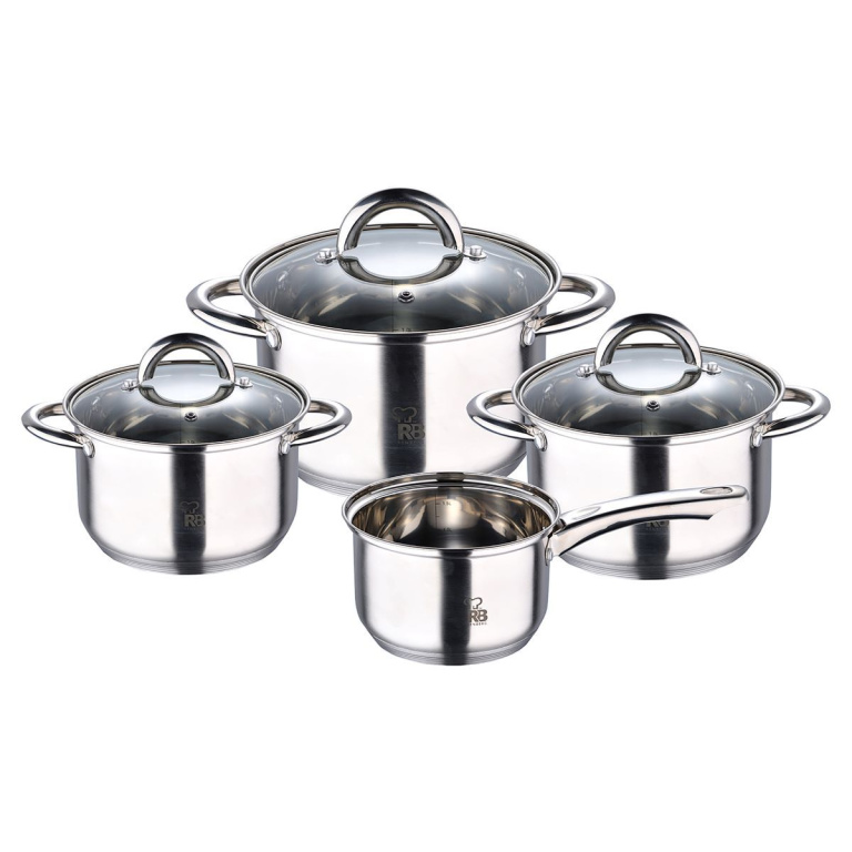 Renberg Alexander 7-Delige RVS Pannenset – Inductiegeschikt, Compleet met 4 Kookpannen Ø16/18/20/24 cm & 3 Glazen Deksels – Duurzaam, Ergonomisch & Veelzijdig