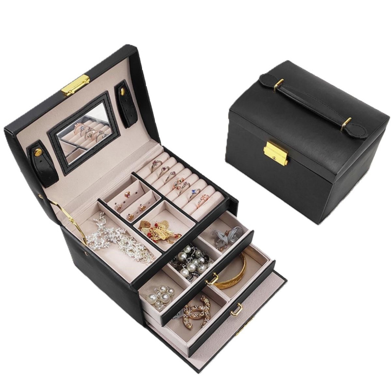 Ceruzo Luxe Sieradendoos met Spiegel – Zwart PU Leer Juwelenkistje, 3 Lagen & 12 Vakjes – Perfect voor Ringen, Kettingen & Armbanden