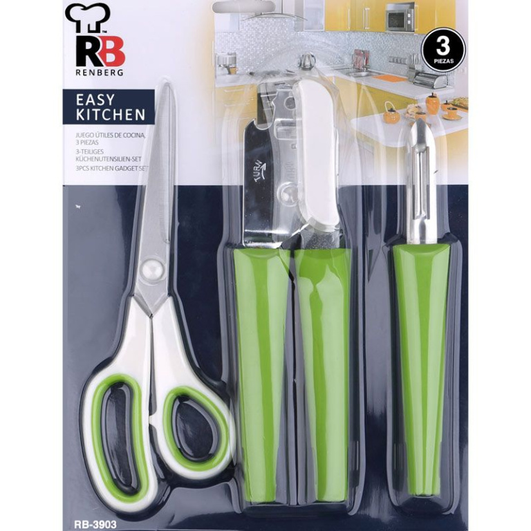 Renberg 3-delige Keukenhulpset – Premium RVS, Soft-Touch Handgrepen | Schaar, Blikopener, Dunschiller