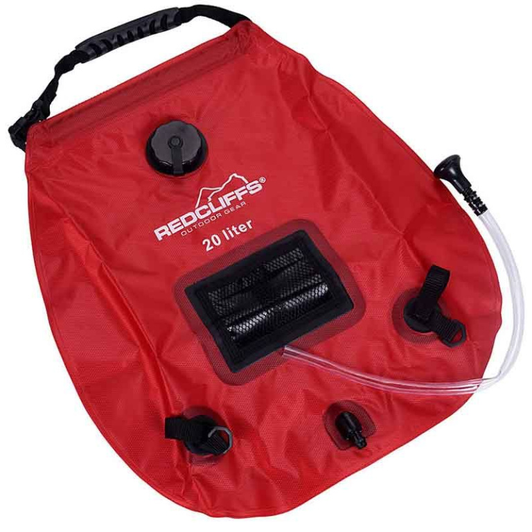 Redcliffs Luxe Campingdouche met Thermometer – 20 Liter Solar Douchezak | Opvouwbaar & Rood – Voor Camping, Tuin of Reis