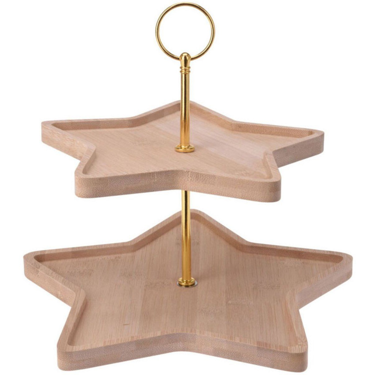 Excellent Houseware Luxe Kerst Etagère – 2-Laags Stervorm – Bamboe & Metaal – Feestelijke Tafeldecoratie – 25 cm